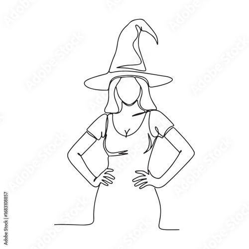 Confident woman with witch hat stands, rendered in bold single continuous black line, transparent