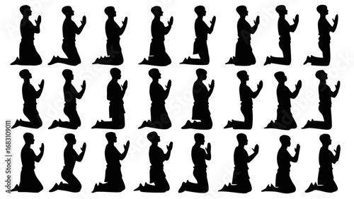 Silhouettes of people praying, kneeling with hands together seeking spiritual connection or hope