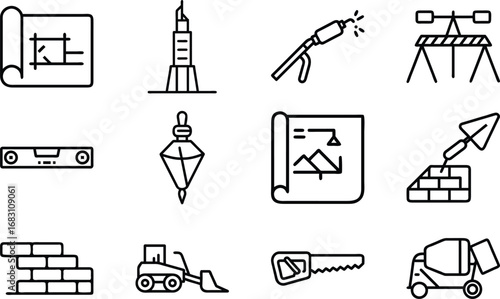 Construction tools and building elements line art icons blueprint skyscraper