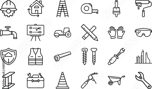 Construction and renovation tools and safety equipment icons vector 6