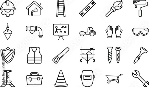 Construction and renovation tools and safety equipment line art icons hardhat