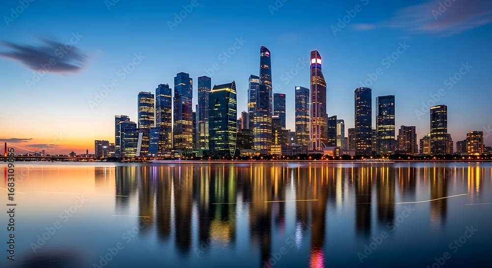 Naklejka premium City skyline illuminated at dusk with reflections in the water