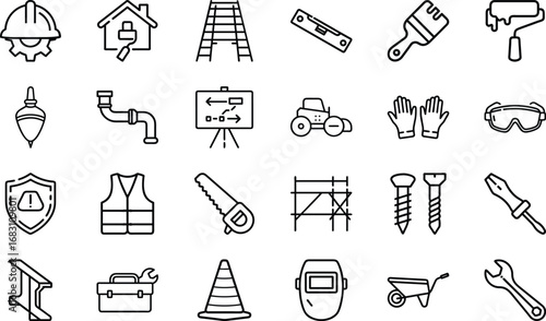 Construction and renovation tools and safety equipment icons hardhat gear