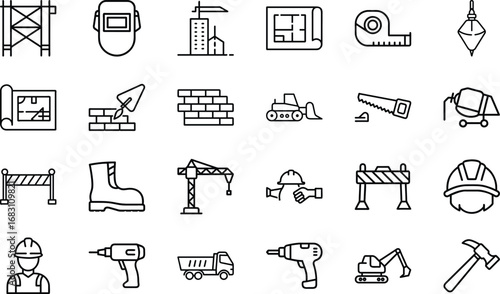 Construction industry icons including tools equipment and safety gear vector 1