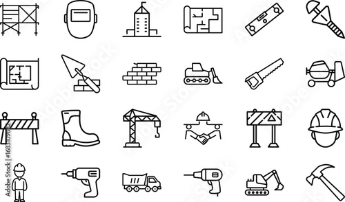 Construction industry icons including tools equipment and safety gear building