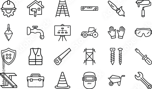 Construction and repair tools and equipment line art icons vector