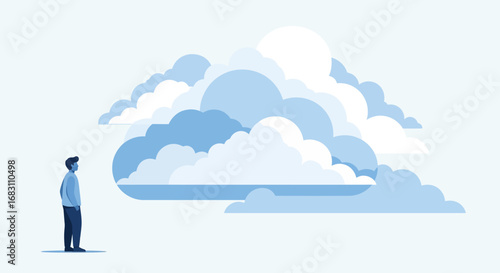 A lone person contemplates a vast expanse of swirling clouds, evoking a sense of wonder and introspection
