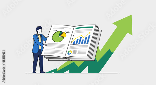 Businessman analyzing financial growth charts and reports in an open book, symbolizing business development and success