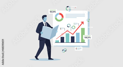 Man in suit analyzing financial growth charts and reports in modern business setting