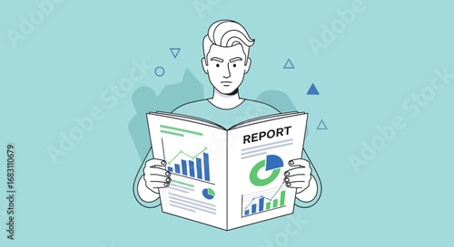 Man reading business report with financial charts and graphs, illustration