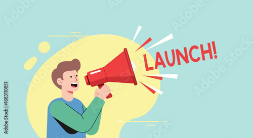 Businessman character using a megaphone for a marketing promotion, making an important announcement about a new product release or grand opening