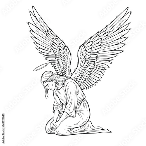 A kneeling angel with large spread wings and a plague doctor mask in a line art style.