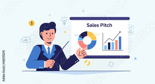 Professional Businessman Presenting a Sales Pitch with Engaging Data Visualizations and Strategic Insights