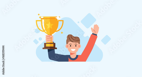 Successful man celebrating his first place win, holding a golden champion's trophy and waving happily. Flat design illustration