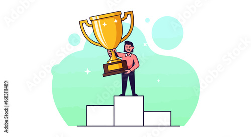 Vector illustration of a triumphant person celebrating ultimate success, proudly holding a golden trophy on the winner's podium, symbolizing achievement