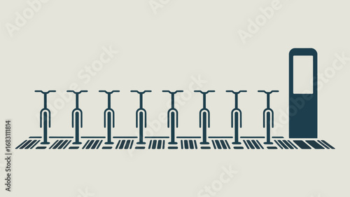 A row of bicycles parked next to a charging station in a minimalist style illustration design art