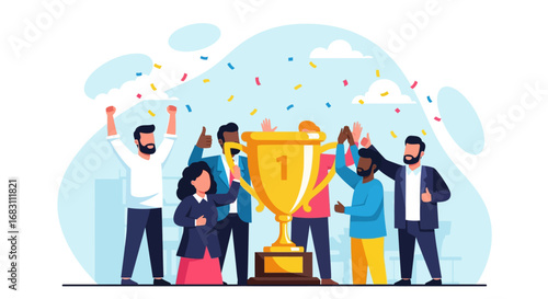 Diverse business team celebrates a monumental collective achievement, proudly holding a gleaming golden trophy amidst a shower of festive confetti, symbolizing triumph and shared success