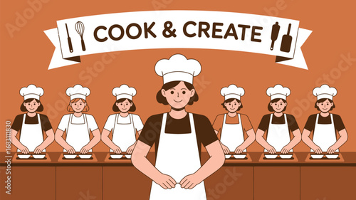A group of women in chef hats and aprons preparing food under a cook and create banner with utensils