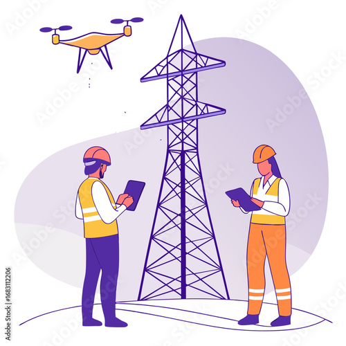 Electricity engineer or inspector using drone cam inspecting and maintaining electric technician or worker at height on electrical transmission tower high volt from power plant isometric.