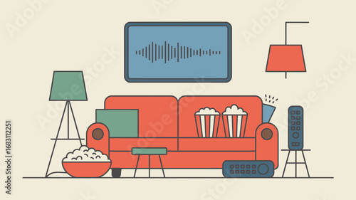 A living room scene with a red couch, popcorn, and a tv displaying sound waves in a cozy setting