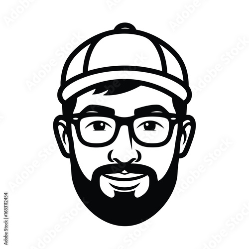 A simple black and white illustration of a smiling man with a beard glasses and a baseball cap.