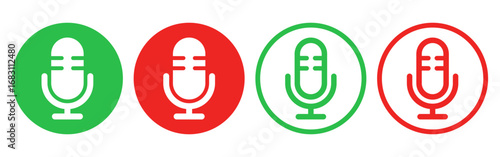 音声入力とマイクのオンオフ、ベクターアイコンセット（線画・塗り・赤・緑）