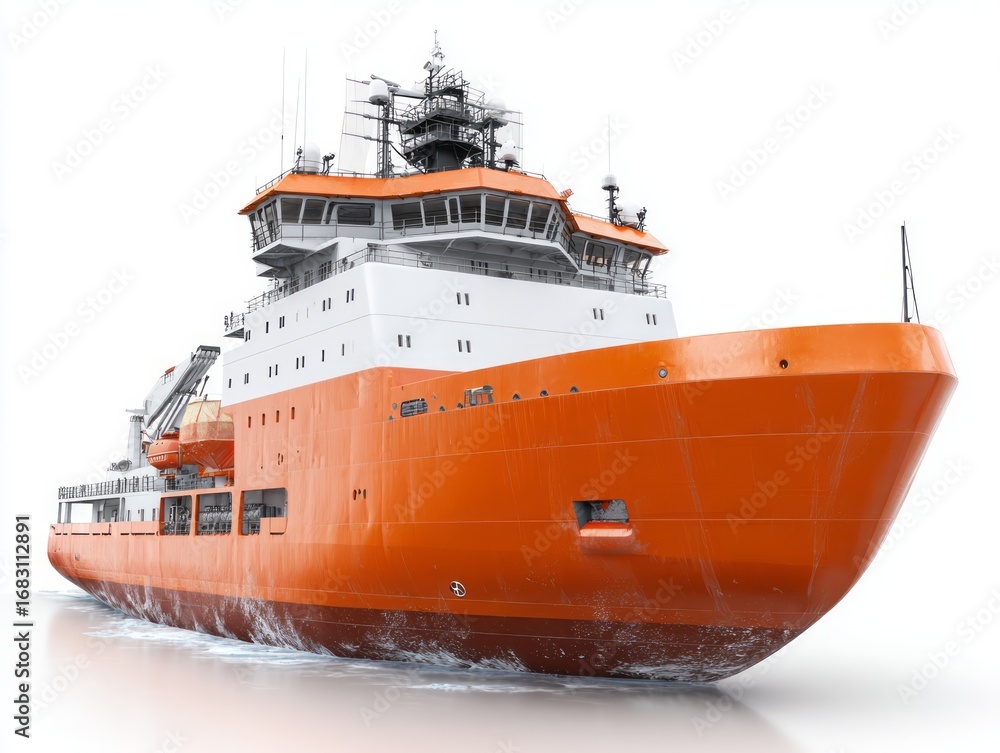 Fototapeta premium A large, orange and white tugboat is seen cutting through choppy waters against a bright white background.