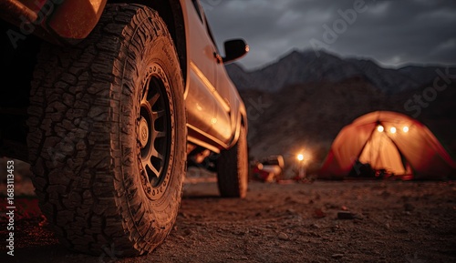Off-road truck parked near a campsite at dusk.  Close-up view of a rugged tire