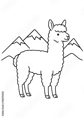 Black and white vector illustration of a cute cartoon llama in front of mountains, perfect for engraving, prints, laser cutting, and creative projects