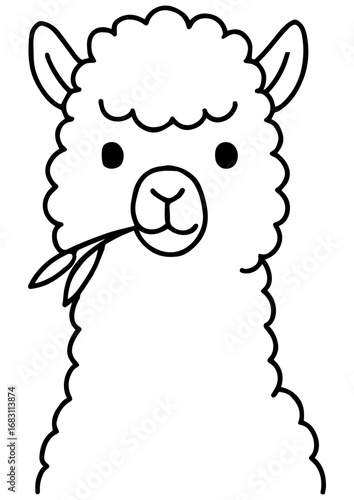 Black and white vector illustration of a cute cartoon llama portrait chewing grass, perfect for engraving, prints, laser engraving, and creative projects