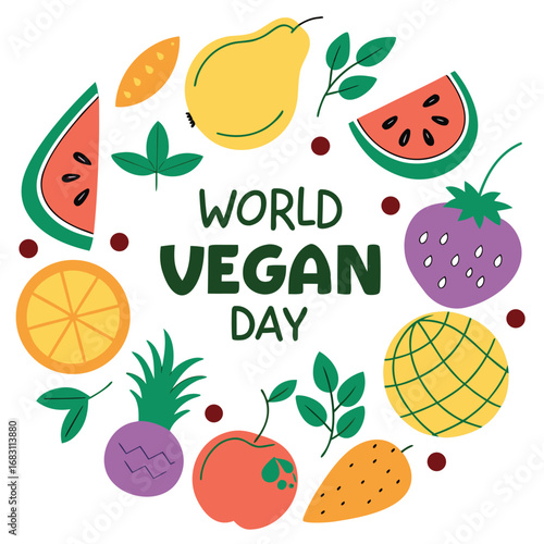 World Vegan Day is celebrated with colorful fruits and fresh leaves on a white backdrop