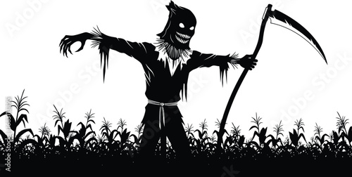 A menacing scarecrow with a scythe standing in a cornfield, evoking a sense of horror and halloween spirit