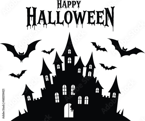 Happy halloween haunted castle with bats for spooky night