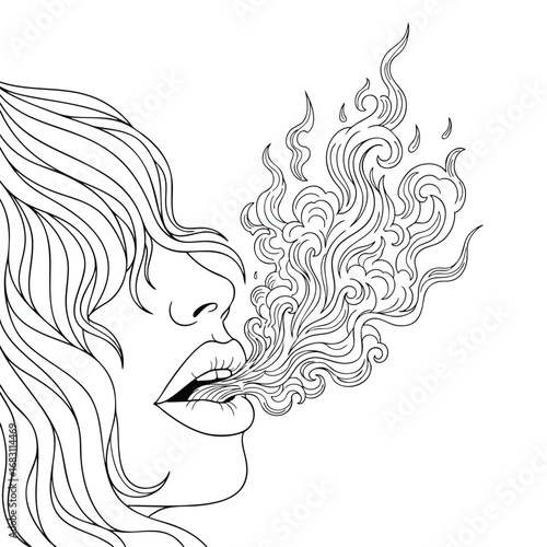 A womans profile with flowing hair exhaling a cloud of decorative swirling smoke.