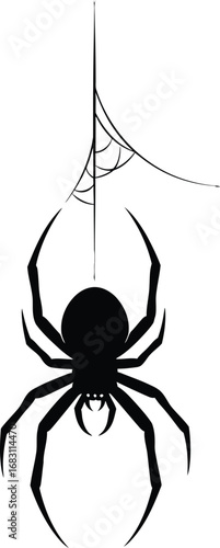 Silhouette of a spider hanging a web, perfect for halloween themed designs and other spooky projects