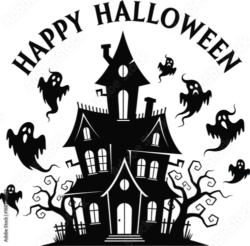 Spooky haunted house with ghosts for a happy halloween celebration in a scary and spooky night scene design