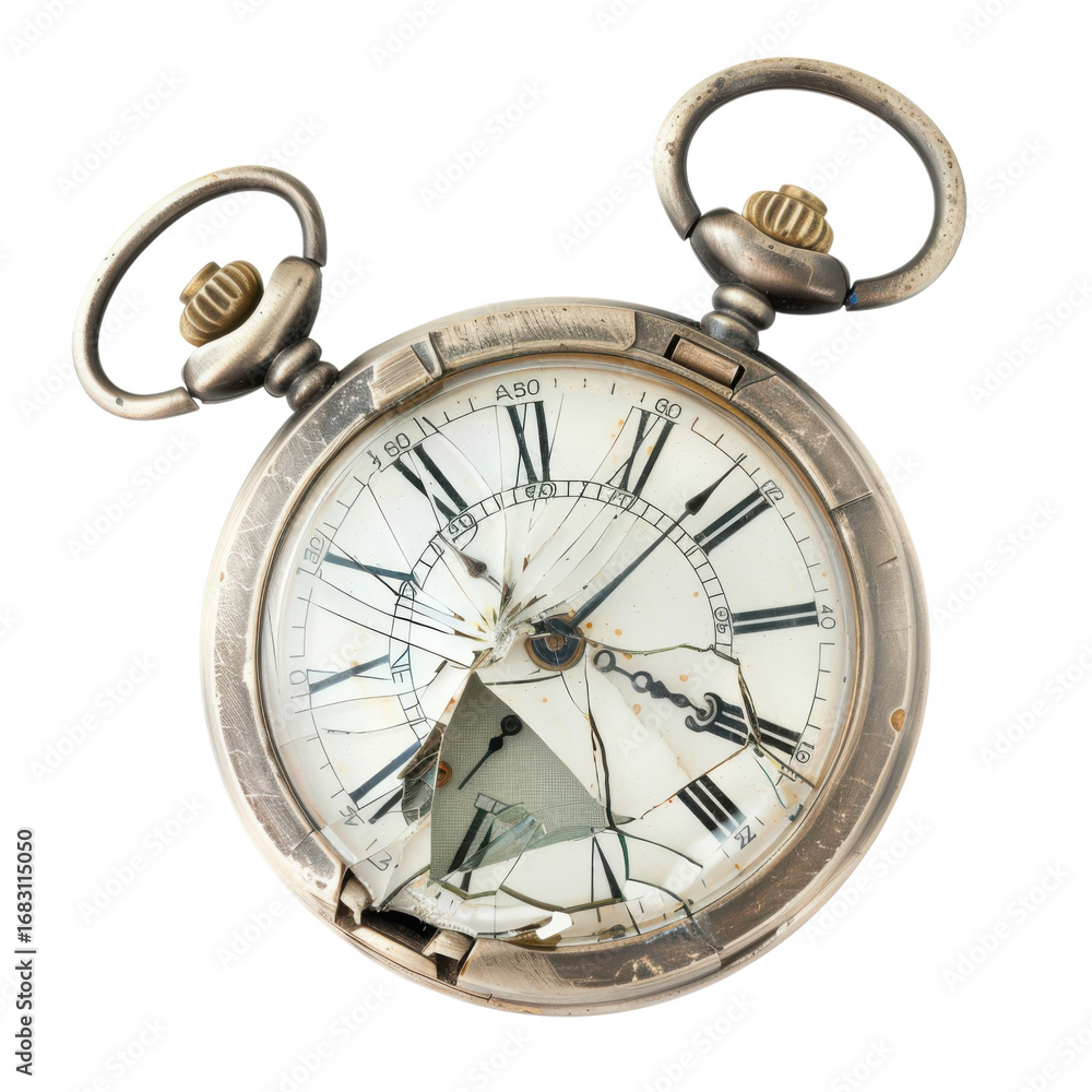 Fototapeta premium Antique silver pocket watch with a shattered glass face showing the passage of time