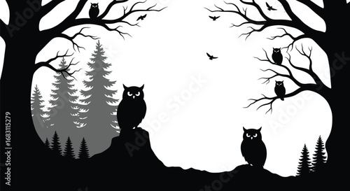 Silhouette of owls perched branches in a dark forest at night, creating a spooky and mysterious atmosphere