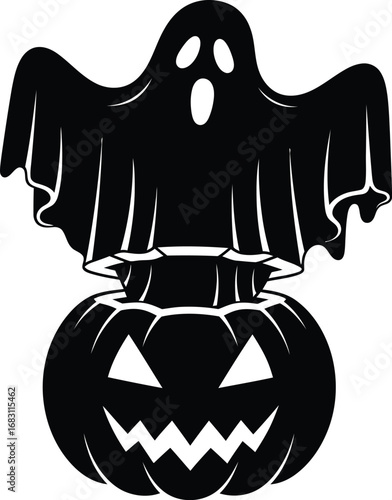 Ghost sitting pumpkin, a spooky and scary halloween decoration for the autumn season celebration