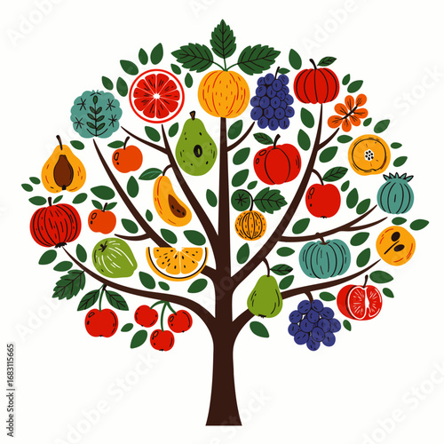 This vibrant illustration depicts a bountiful tree adorned with a diverse array of colorful fruits, symbolizing nature's generous harvest and healthy eating.