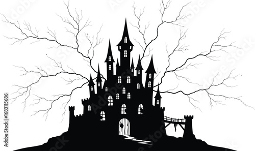 Silhouette of a gothic castle with bare trees, a mysterious and spooky fantasy landscape with medieval architecture