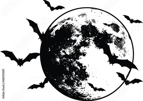 Bats flying around the full moon, a spooky halloween night scene, perfect for gothic and horror themed designs