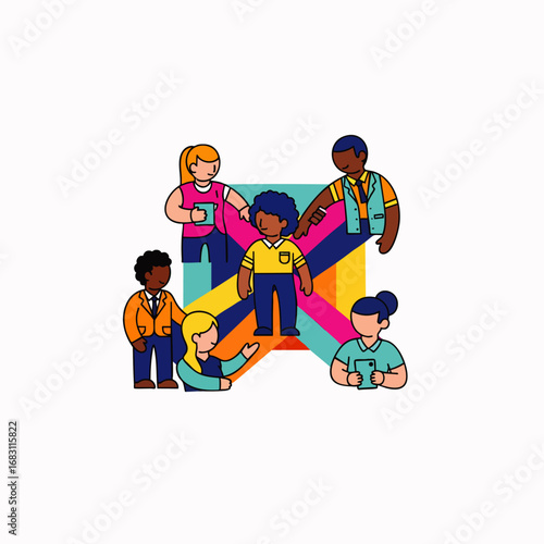 This vibrant illustration features a diverse group of multi-ethnic people collaborating and communicating on a colorful geometric background, symbolizing unity and inclusion.