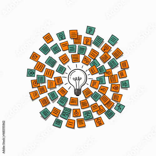 A vibrant illustration of a central glowing light bulb, encircled by a multitude of colorful sticky notes, representing brainstorming, innovation, and creative solutions.