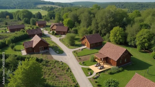 Wallpaper Mural panoramic aerial view of eco village with wooden houses, gravel road, gardens and orchards Torontodigital.ca