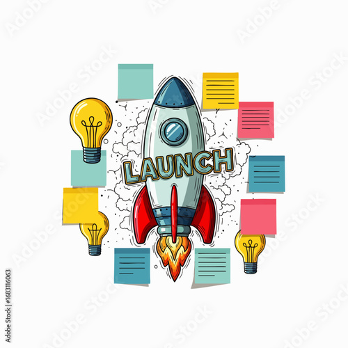 This vibrant illustration depicts a rocket launching amidst colorful sticky notes and glowing light bulbs, symbolizing new ideas and project initiation.