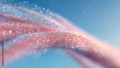 Abstract swirling ribbons of shimmering pink and blue glitter against a soft blue background