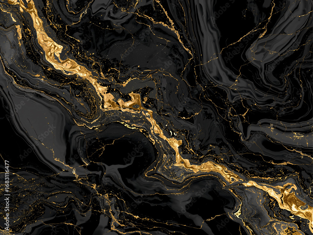 Obraz premium Liquid black marble with intricate gold veins and textures