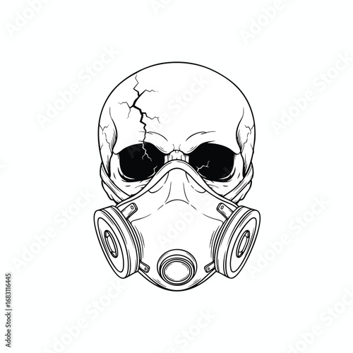 Cracked human skull wearing a dualcartridge respirator mask a black and white line art illustration.