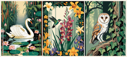 Elegant retro vector illustrations set with swan, hummingbird, and owl in lush botanical scenery. Vintage nature wall art, mid-century inspired wildlife and floral prints